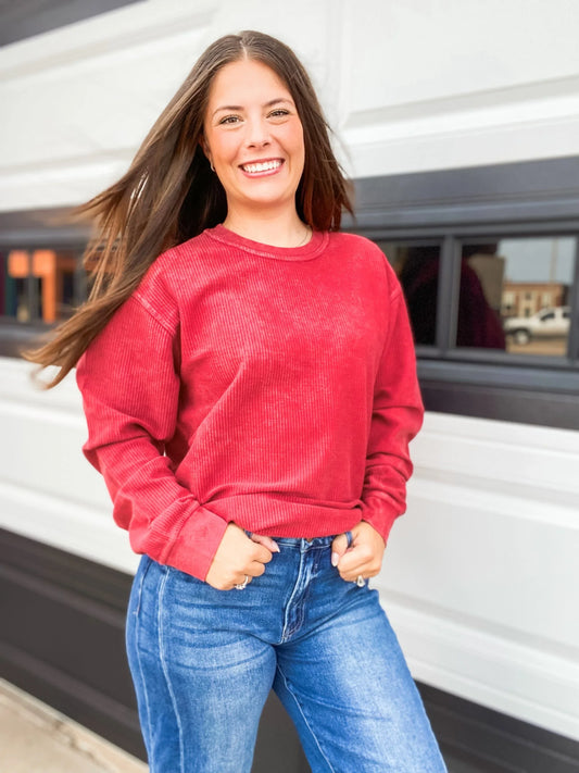 Vintage Wash Corded Crew Sweatshirt-Red