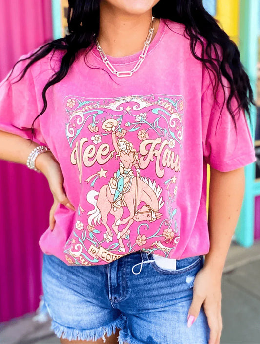 Graphic Tees Yeehaw Mineral Washed Tee in Hot Pink